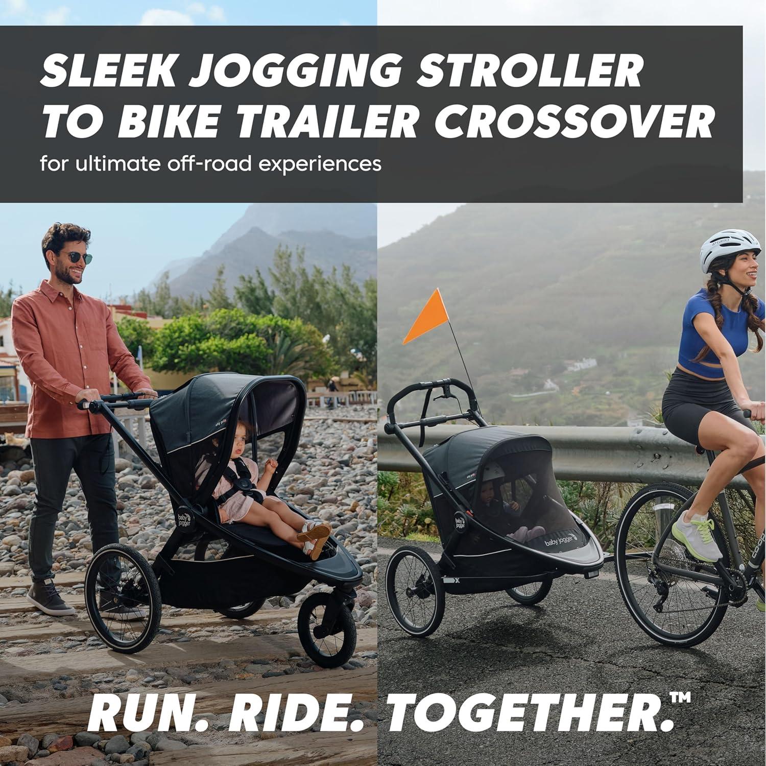 imageBaby Jogger Bike Trailer Compatible with City Prix Jogging Stroller AllWheel Suspension ampamp FrontWheel Swivel for Smooth Rides Seatback and UnderSeat Storage and Mesh CoveringJogger Bike Trailer