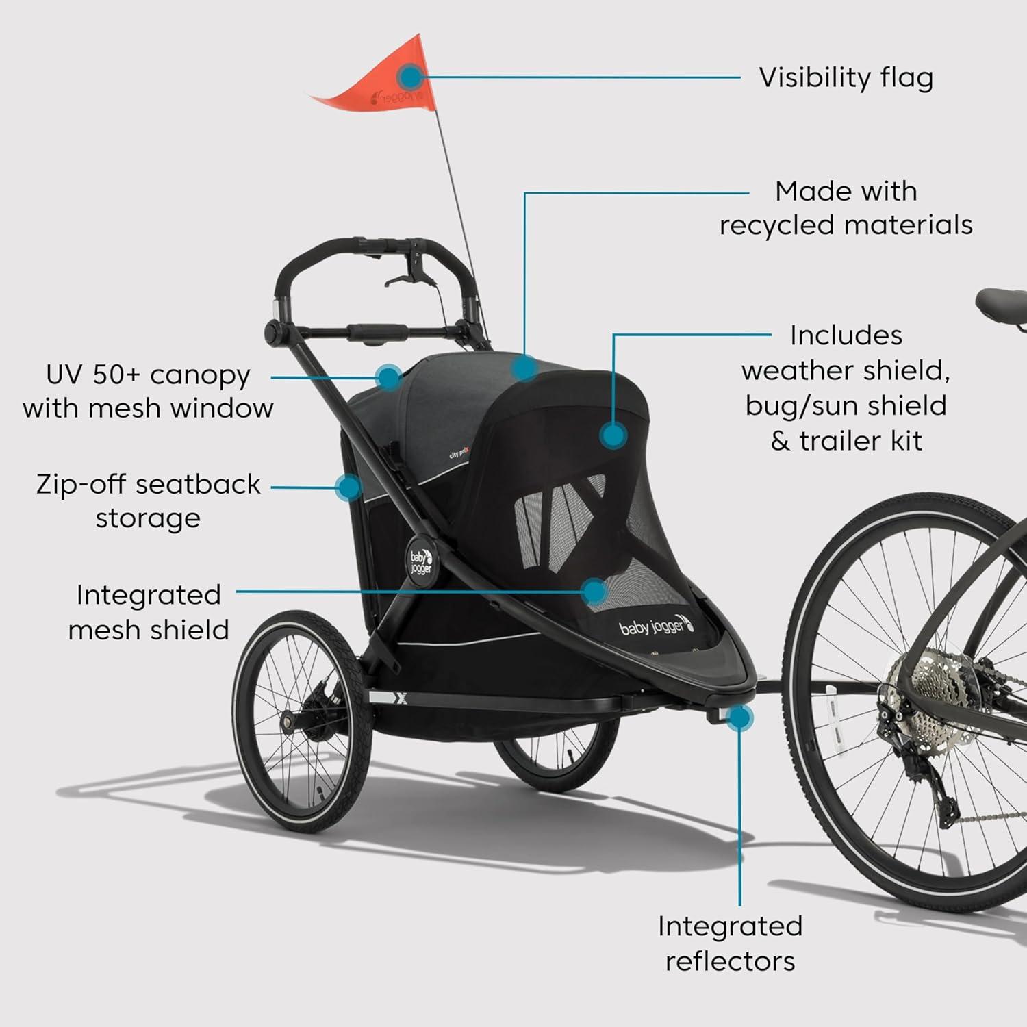 imageBaby Jogger Bike Trailer Compatible with City Prix Jogging Stroller AllWheel Suspension ampamp FrontWheel Swivel for Smooth Rides Seatback and UnderSeat Storage and Mesh CoveringJogger Bike Trailer Bundle