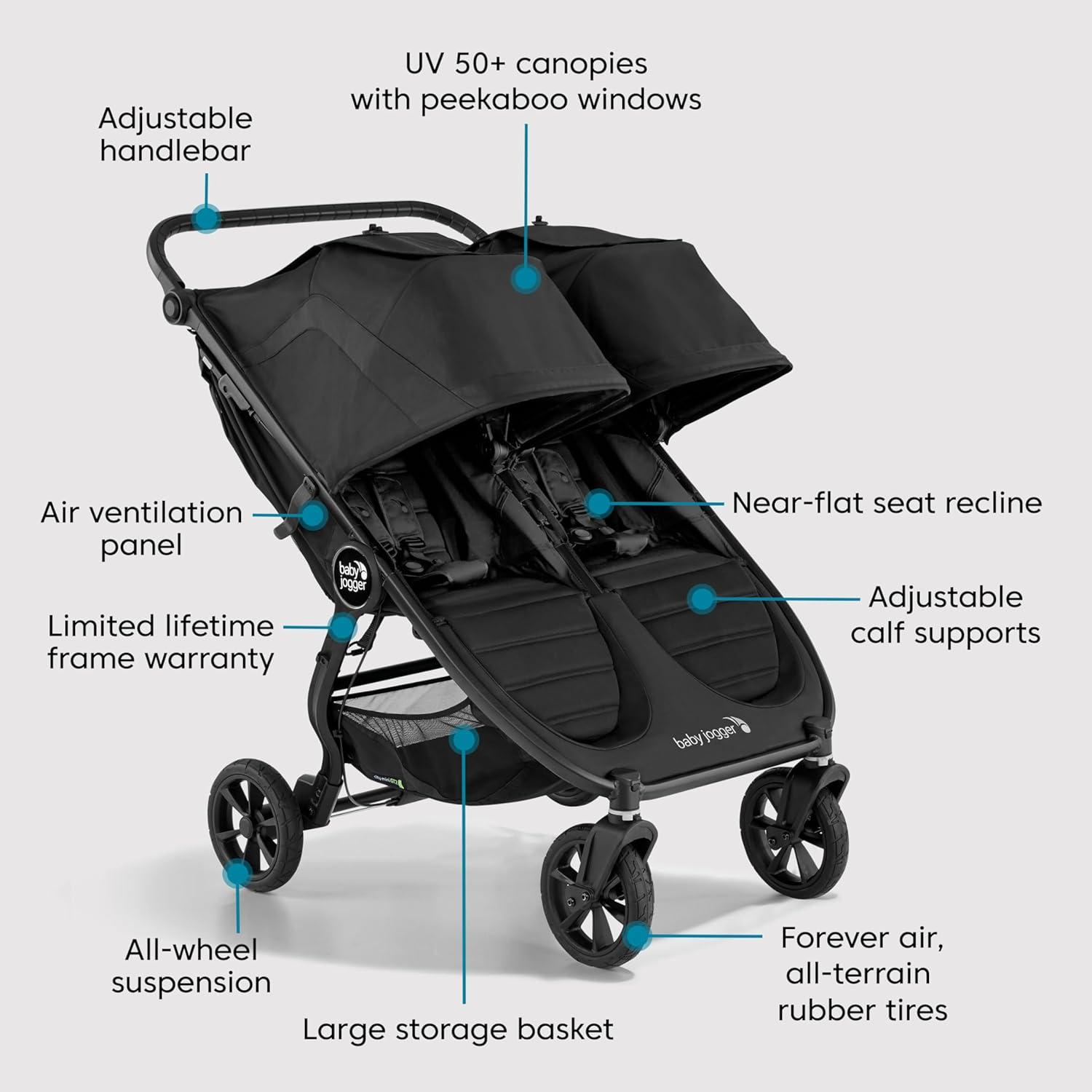 imageBaby Jogger City Mini GT2 AllTerrain Double Stroller Jet Black Perfect for Newborn and Toddler Compatible with Britax Cybex Graco and Maxi Cosi Infant Car SeatsBlack