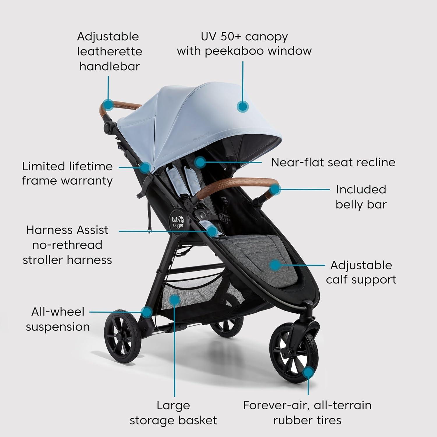 imageBaby Jogger City Mini GT2 AllTerrain Double Stroller Jet Black Perfect for Newborn and Toddler Compatible with Britax Cybex Graco and Maxi Cosi Infant Car SeatsSlate Fog with Belly Bar and Leatherette Handlebar