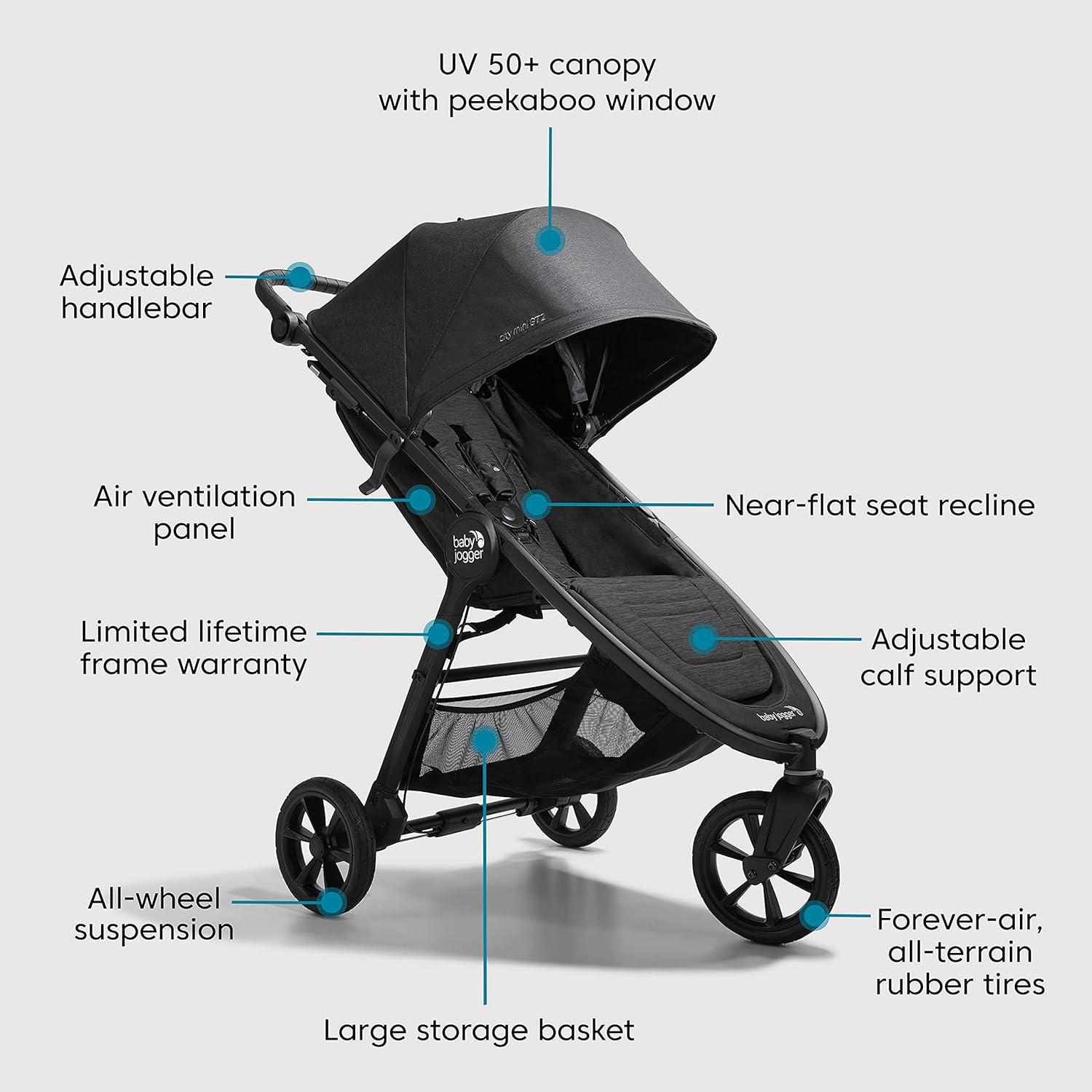 imageBaby Jogger City Mini GT2 AllTerrain Double Stroller Jet Black Perfect for Newborn and Toddler Compatible with Britax Cybex Graco and Maxi Cosi Infant Car SeatsBlack