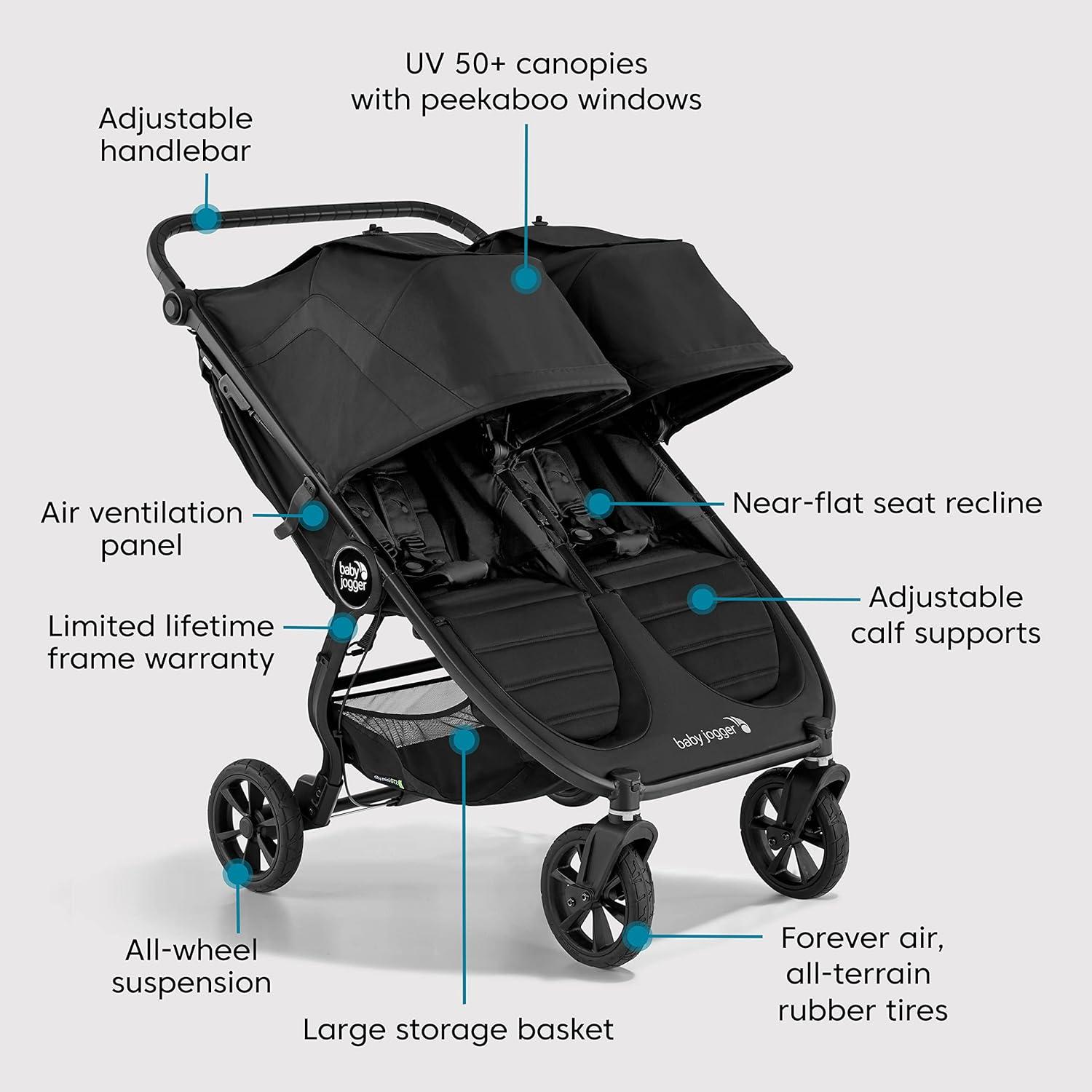 imageBaby Jogger City Mini GT2 AllTerrain Double Stroller Jet Black Perfect for Newborn and Toddler Compatible with Britax Cybex Graco and Maxi Cosi Infant Car SeatsPike