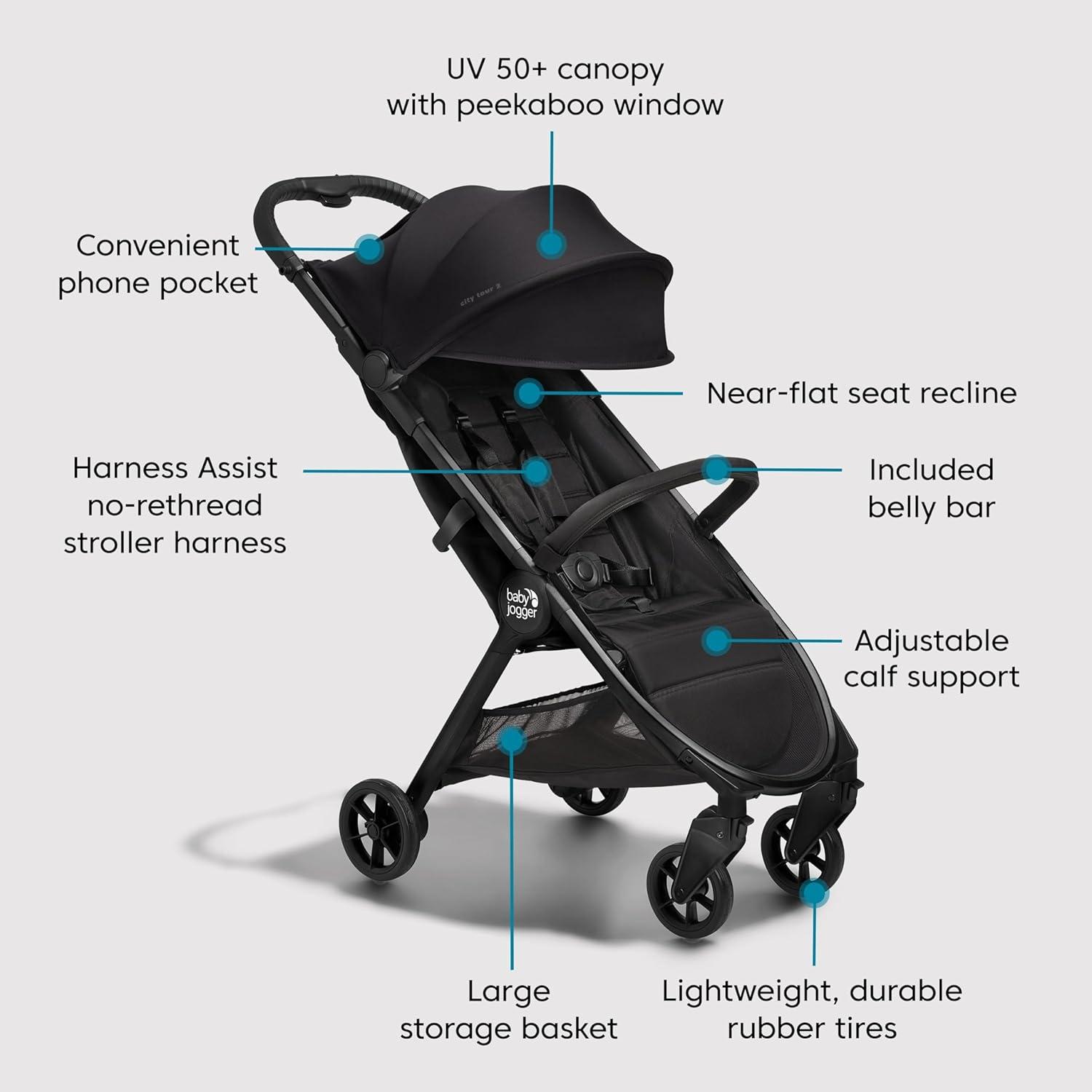 imageBaby Jogger City Tour 2 UltraCompact CarryOn Approved Travel Stroller in Pitch Black Lightweight Easy Fold Ideal for Traveling and Everyday AdventuresEco Black with Belly Bar